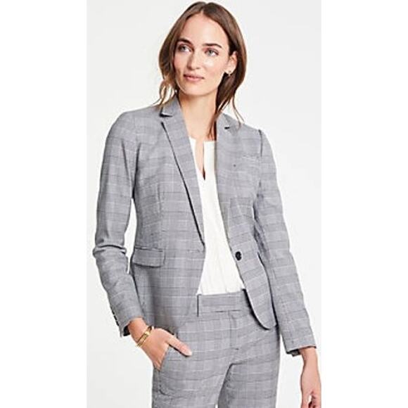 ANN TAYLOR One-button Blazer In Glen Plaid In Black / White Size 14 Stretch - Picture 2 of 7
